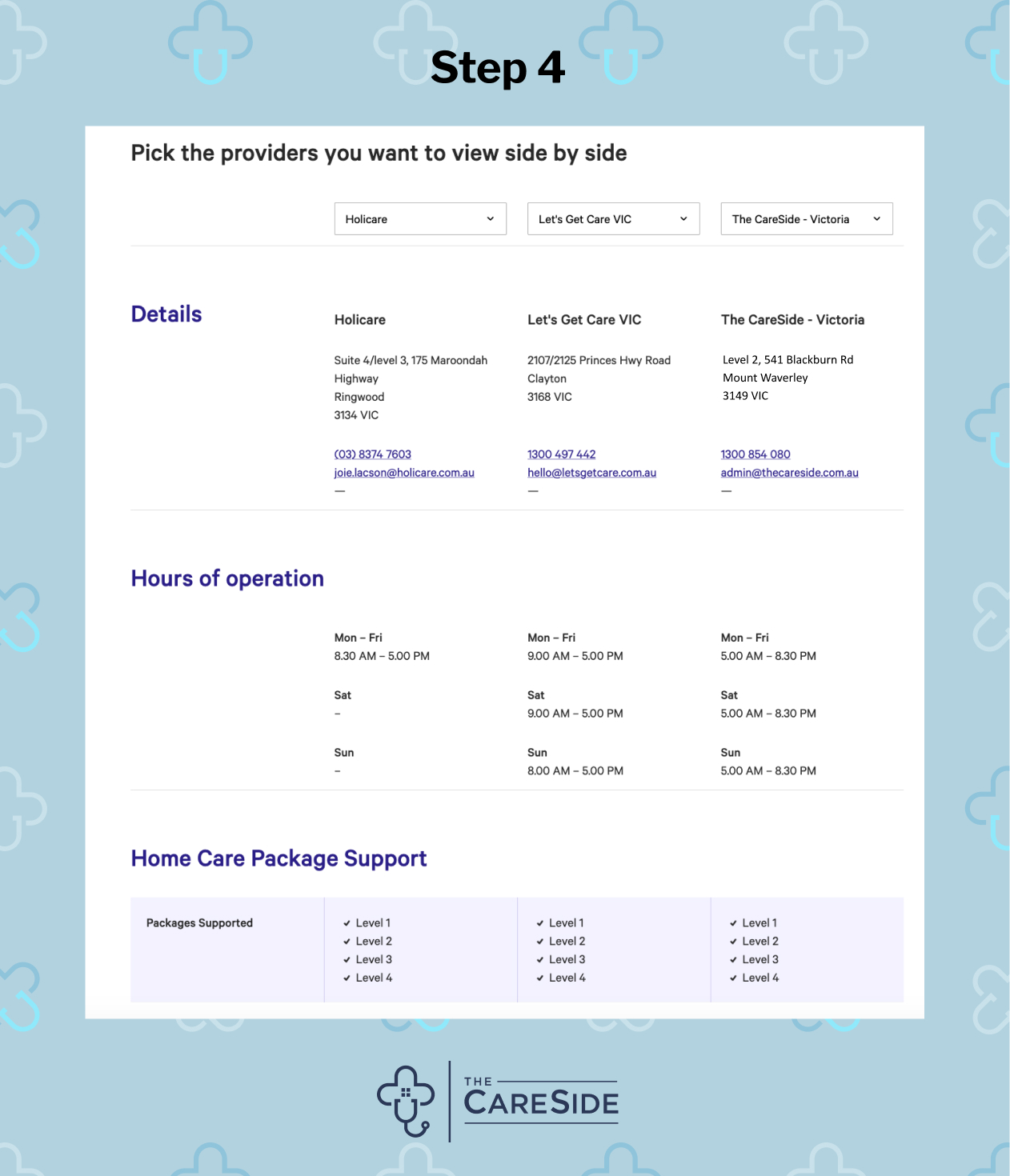 Side-by-side comparison example of hcp providers on My Aged Care portal