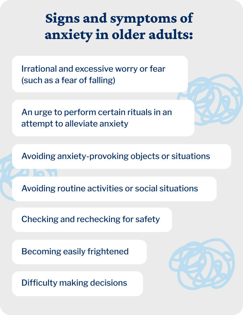 Signs of anxiety in older adults include excessive worrying and difficulty making decisions, among others. 