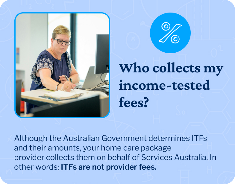 Your home care package provider collects your income-tested care fees on behalf of Services Australia. ITFs are not provider fees. 