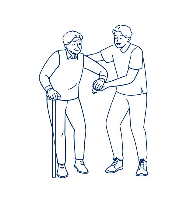 A drawing of a friendly caregiver supporting a man walking with a cane.