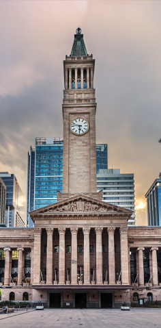 The clock tower at Brisbane City Hall in Brisbane, QLD.