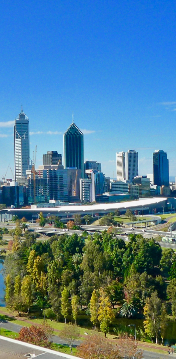 The Perth, WA skyline on a sunny day with blue skies.