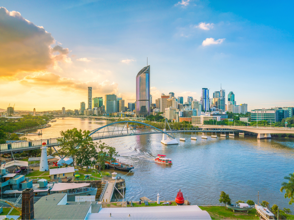 Brisbane Harbour on a sunny day in Brisbane, QLD with the skyline in the background. Explore The CareSide's aged care jobs in Brisbane.