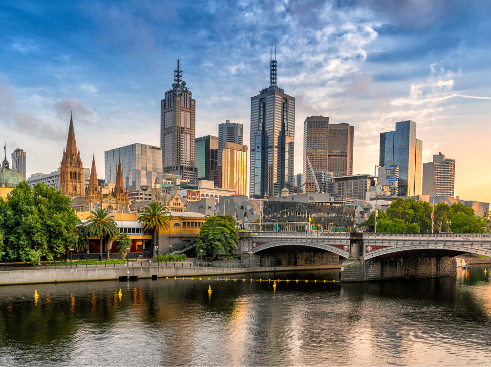 A photo of the Melbourne skyline in Melbourne, VIC on a sunny day. Explore The CareSide's aged care jobs in Melbourne.