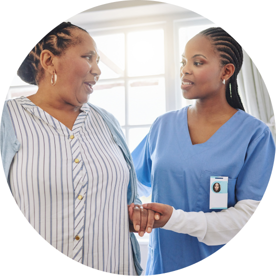 Nursing care professional talking with her client.